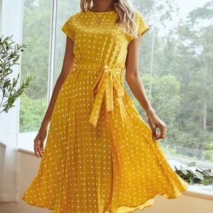 Long flowy yellow polka dot dress